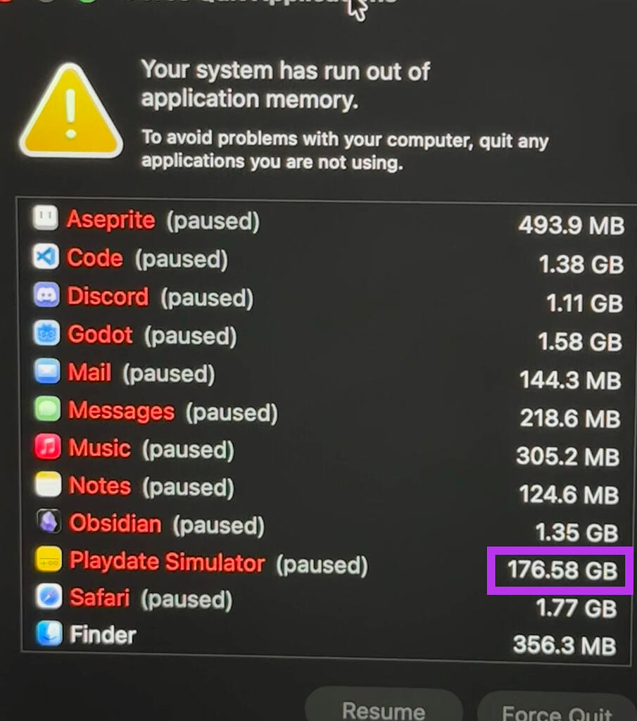 Playdate Simulator used ~170GB of system memory - Playdate Developer Forum