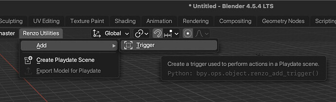 The updated Renzo Utilities menu lets me quickly create scene triggers.